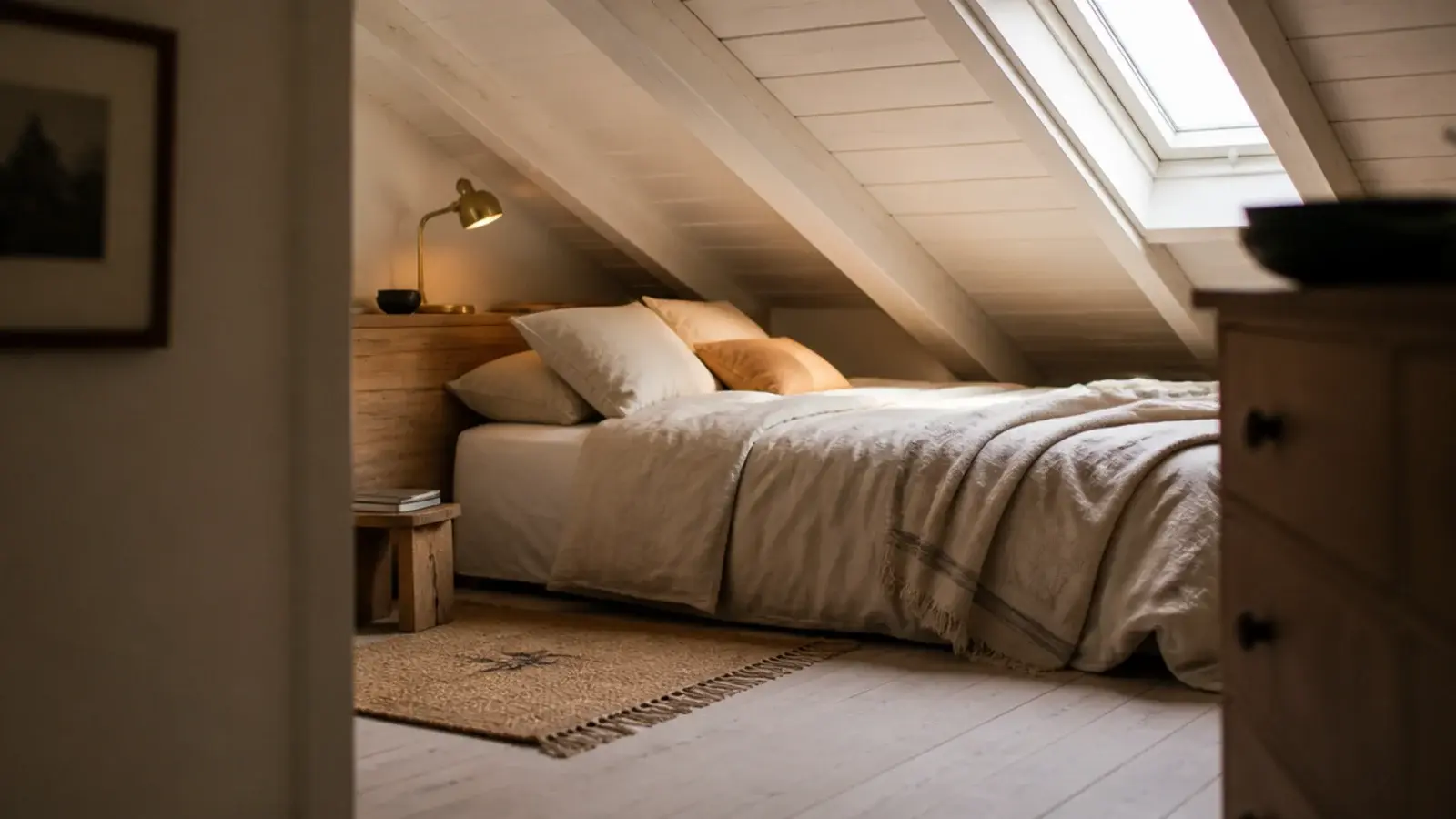 cozy attic bedroom ideas under a sloped ceiling with linen bedding and lamplight