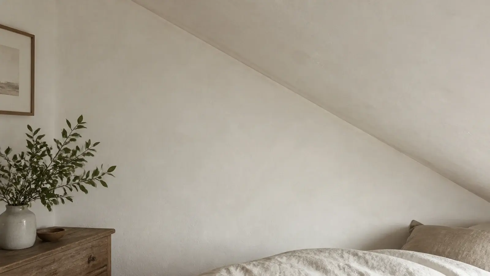 attic slope and walls finished in a single warm chalky off white tone