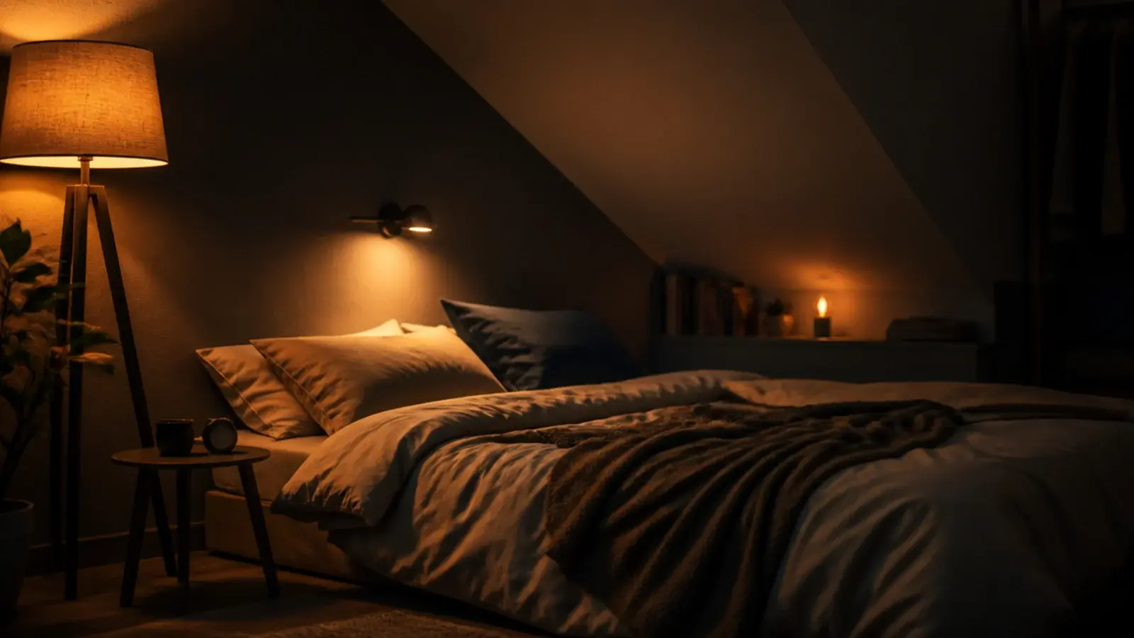 attic bedroom lit by three separate warm fittings at different levels