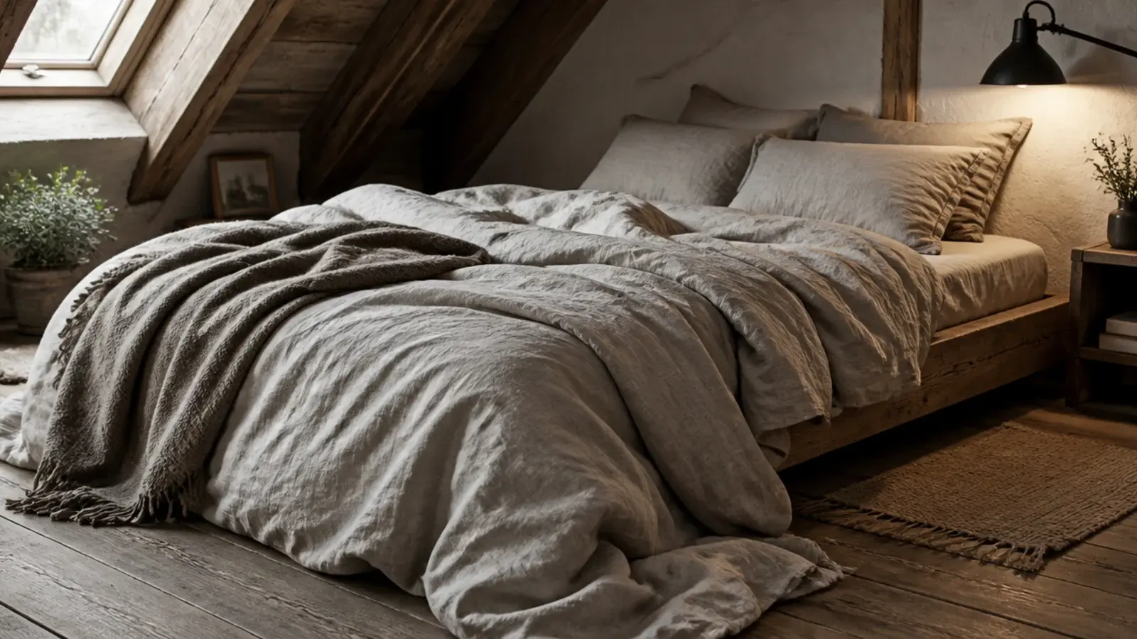 oversized washed linen duvet spilling generously over a low attic bed