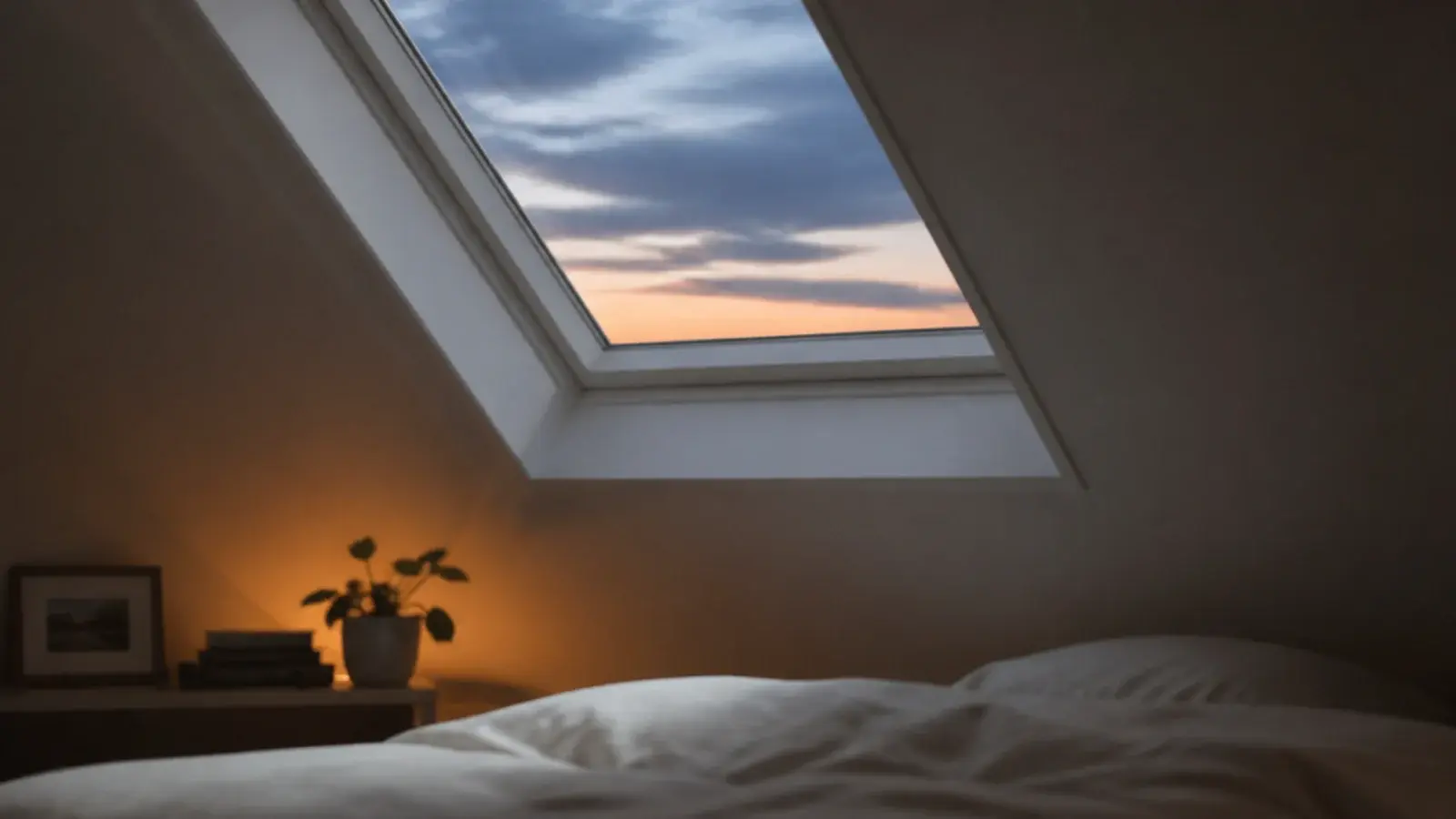 roof window above an attic bed framing cloud and evening sky