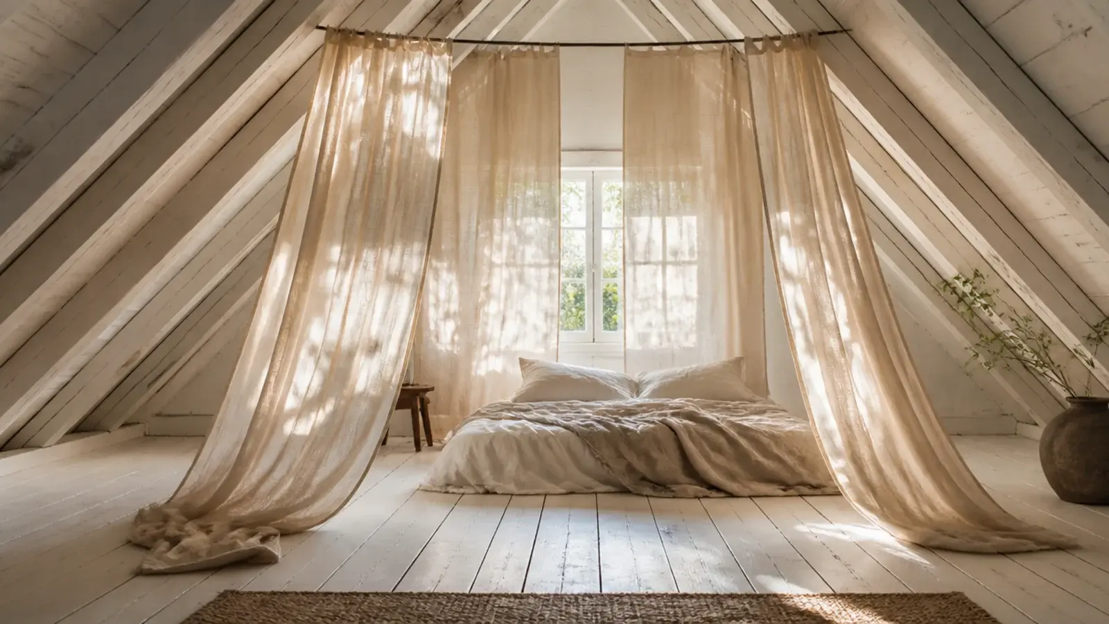 loose muslin canopy hanging from an attic ridge above a low bed