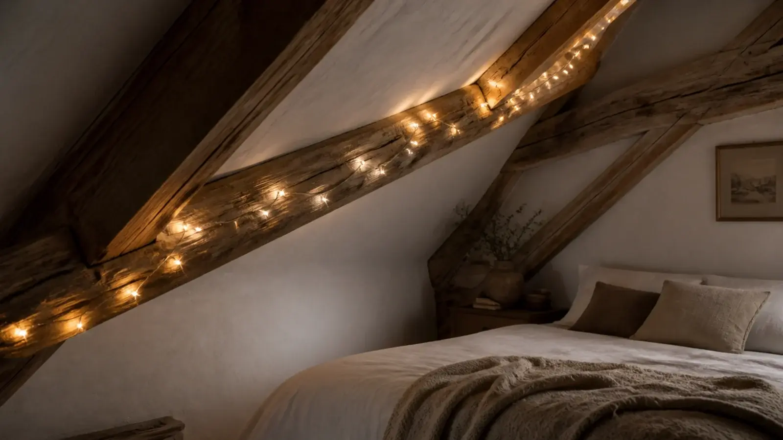 warm led string lights threaded along an exposed attic rafter