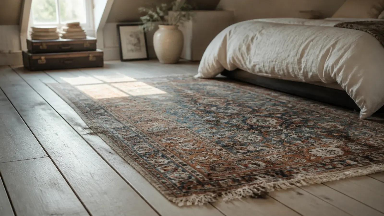 faded vintage rug laid across wide attic floorboards beside a bed