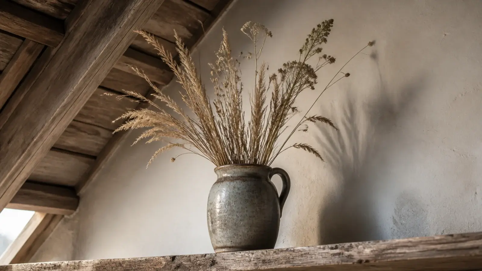 dried grasses and seed heads arranged in a stoneware jug on an attic ledge