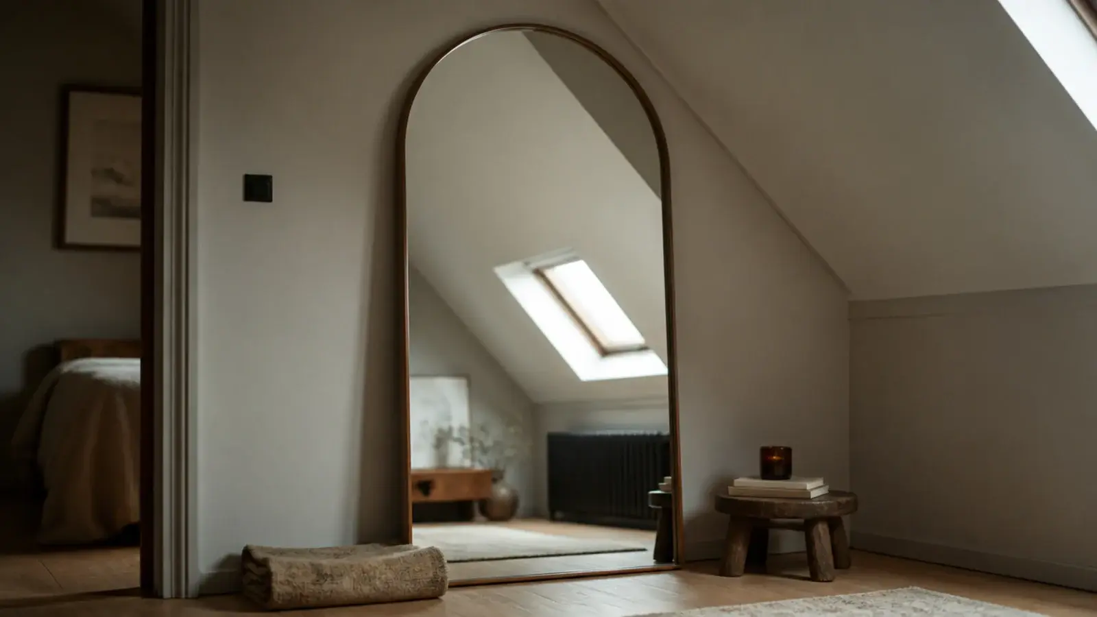 oversized mirror leaning on an attic gable wall reflecting the slope