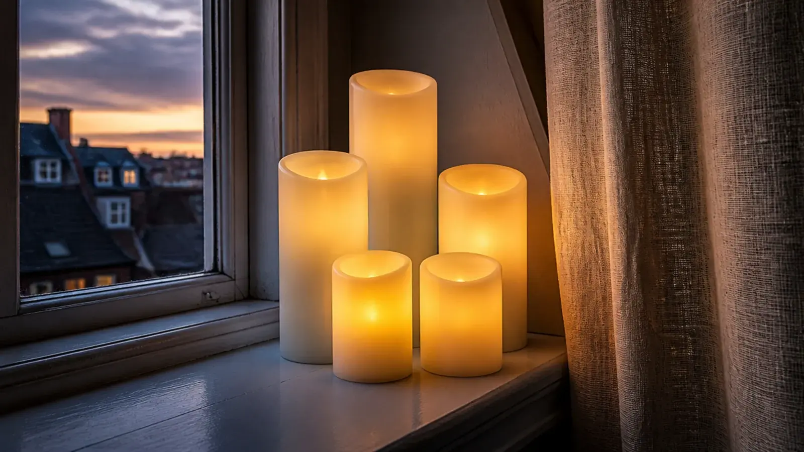 cluster of flameless led candles glowing on an attic window sill