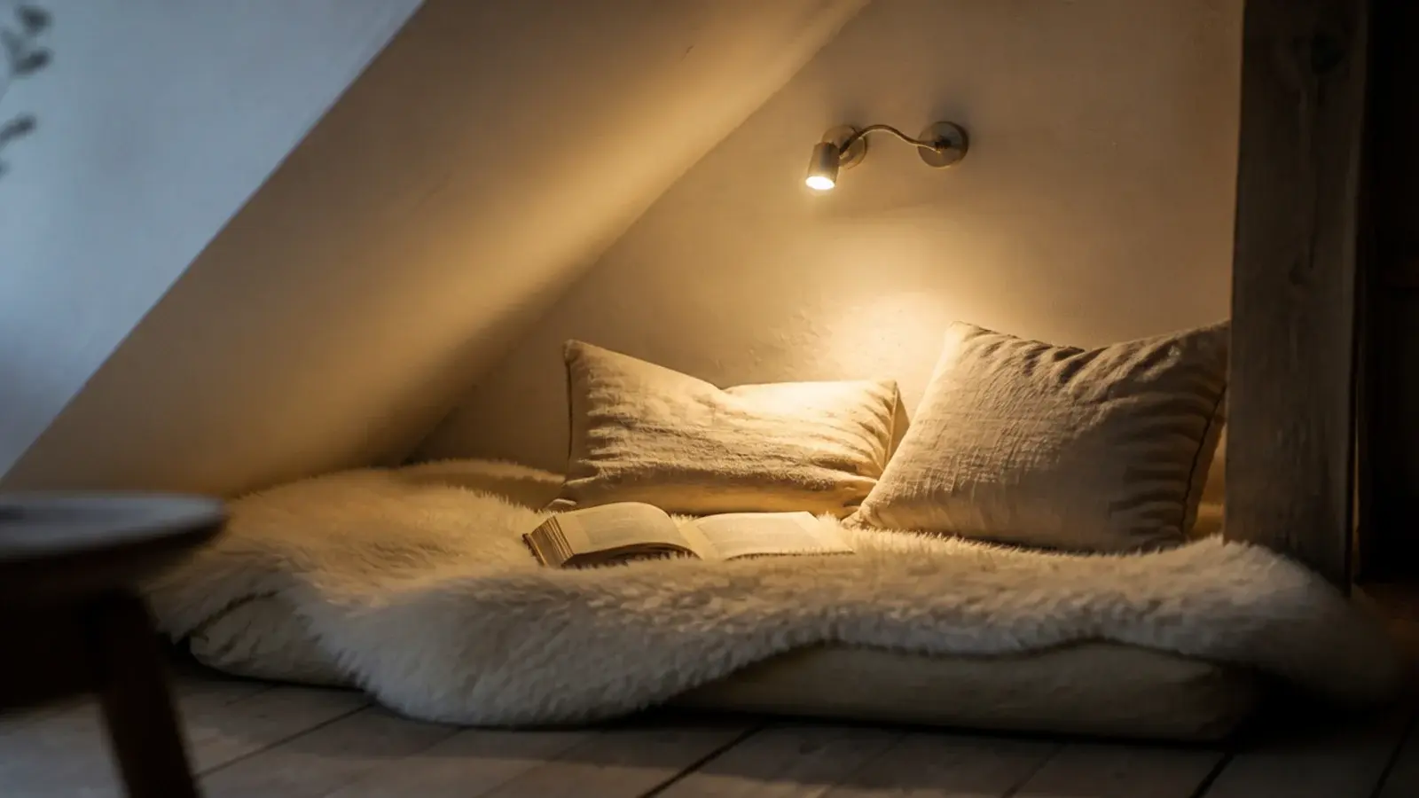 cushioned eaves corner with sheepskin and a book under a low slope