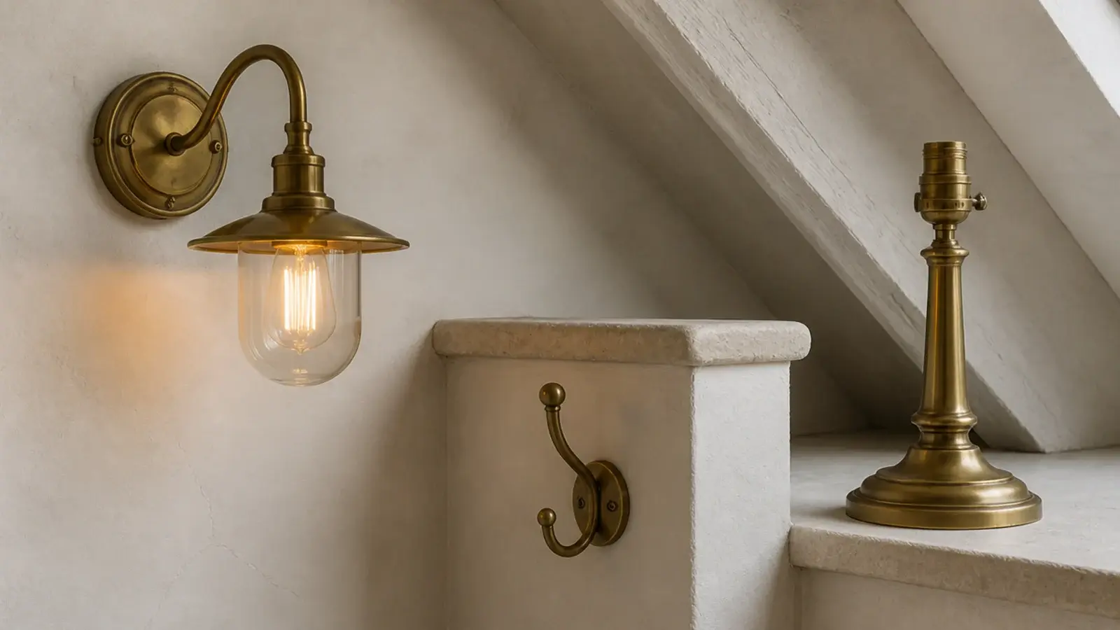 aged brass wall light hook and lamp base repeated across an attic room