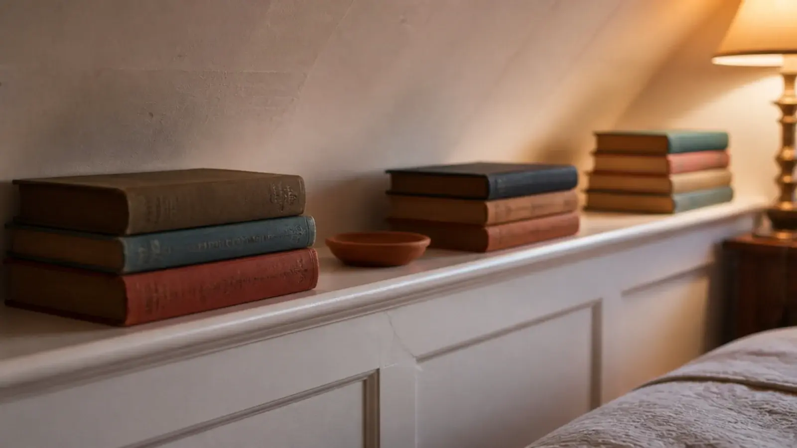 stacks of books arranged along a narrow attic knee wall shelf