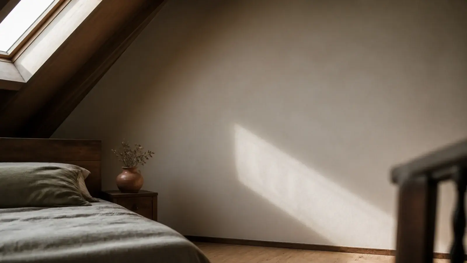 entirely bare painted attic wall left clear beside a made bed