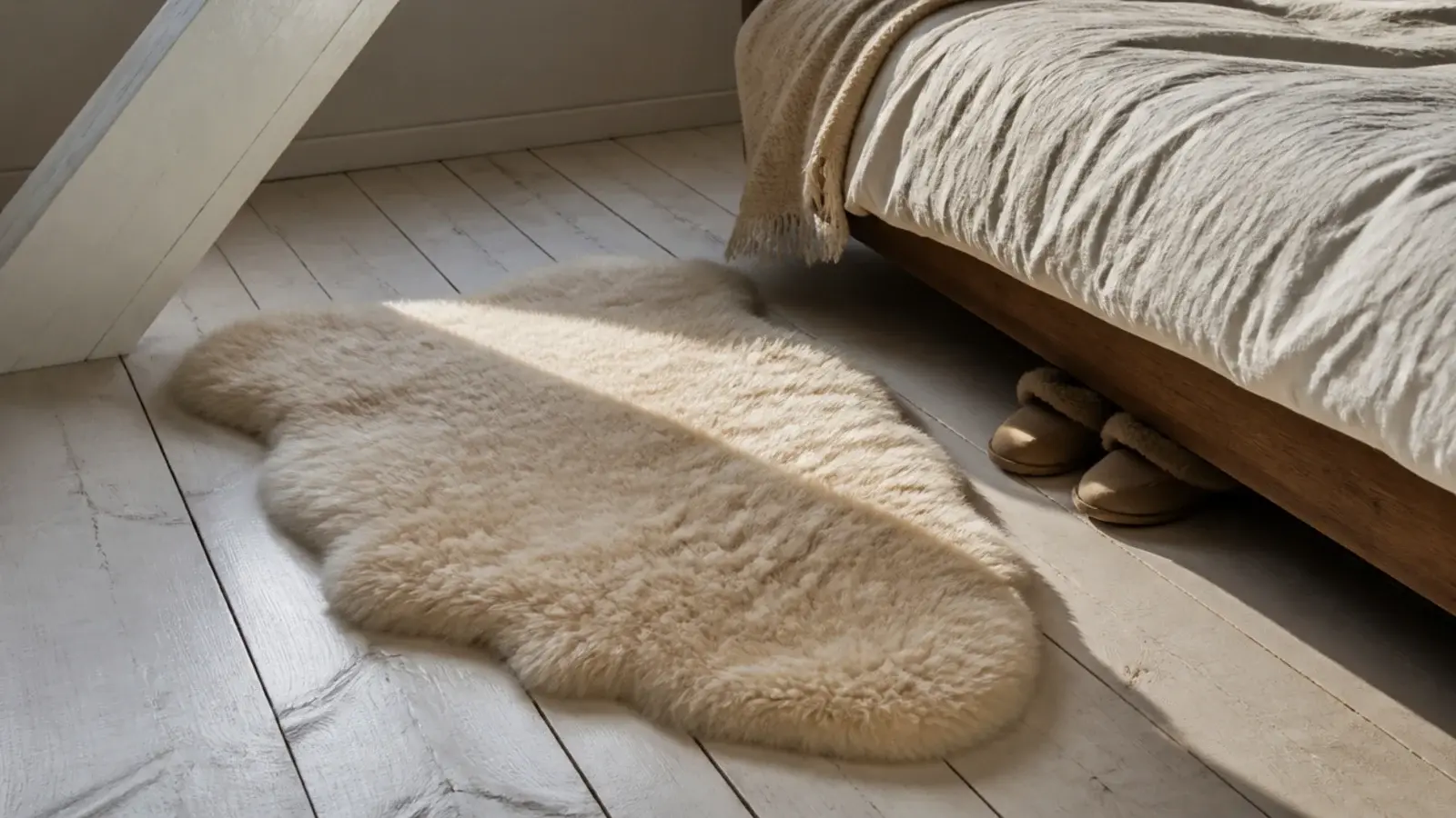 cream sheepskin laid on cold attic boards beside a low bed