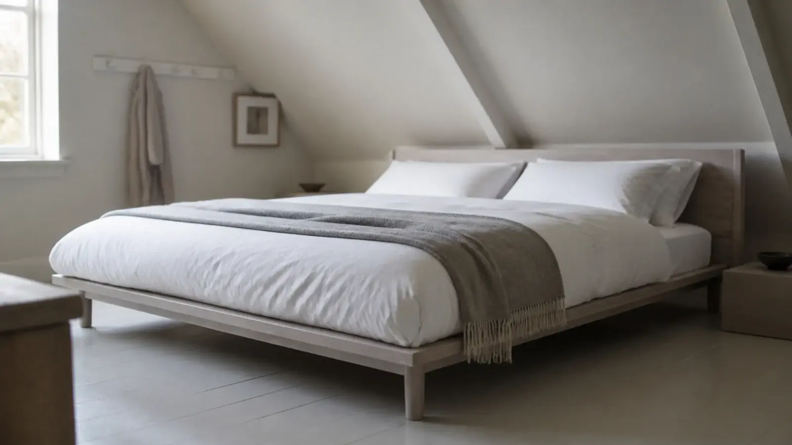 pale timber low bed frame sitting close to attic floorboards