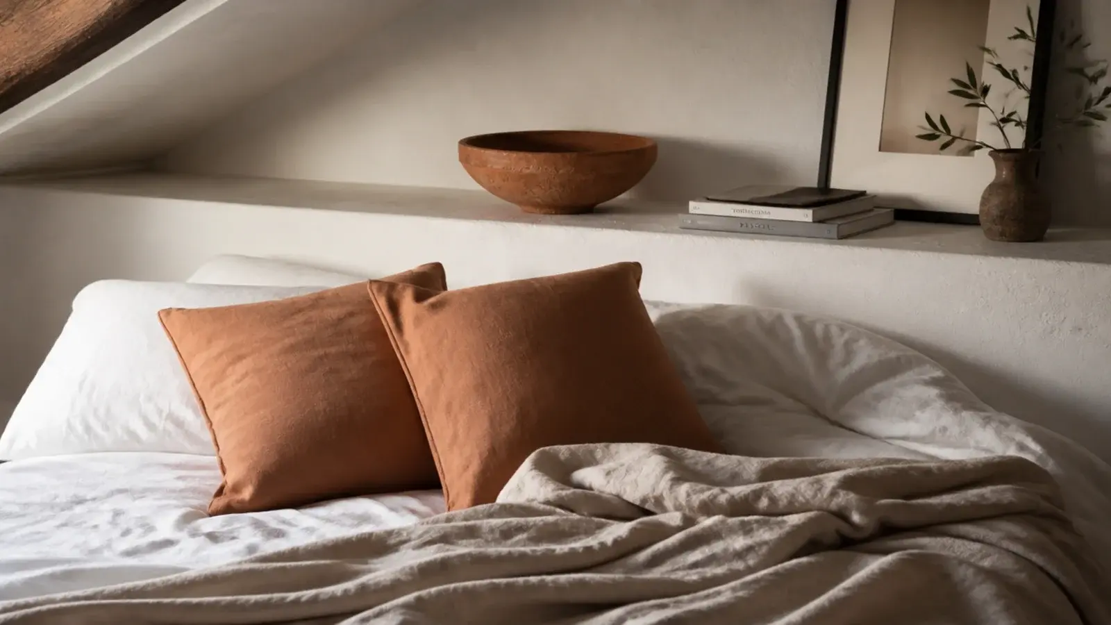 chalk oat and clay tones layered across bedding walls and pottery
