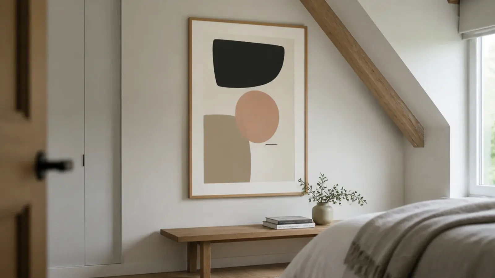 single large framed print hung alone on an attic vertical wall