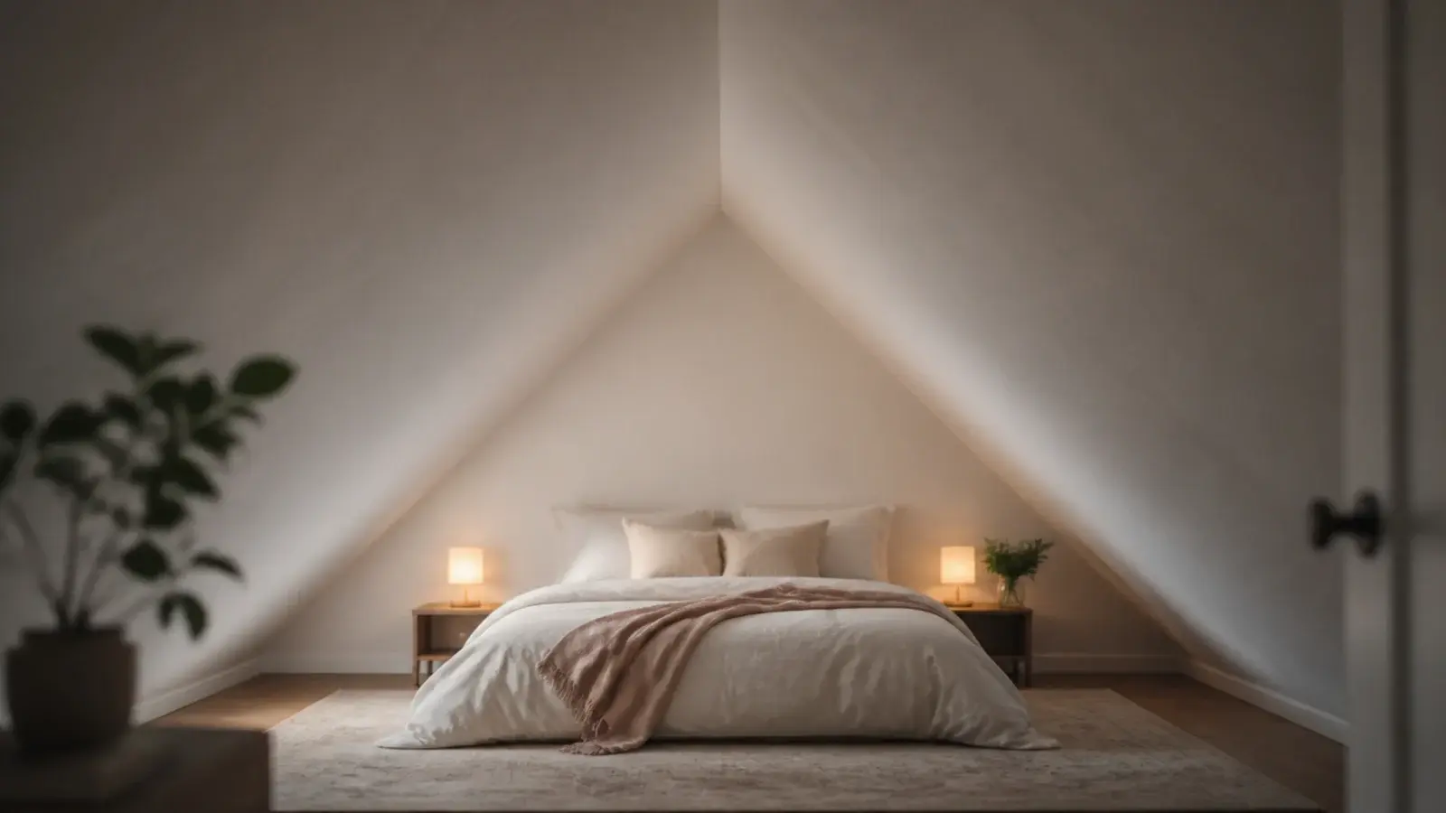 clean unbroken ridge line running above an attic bedroom bed