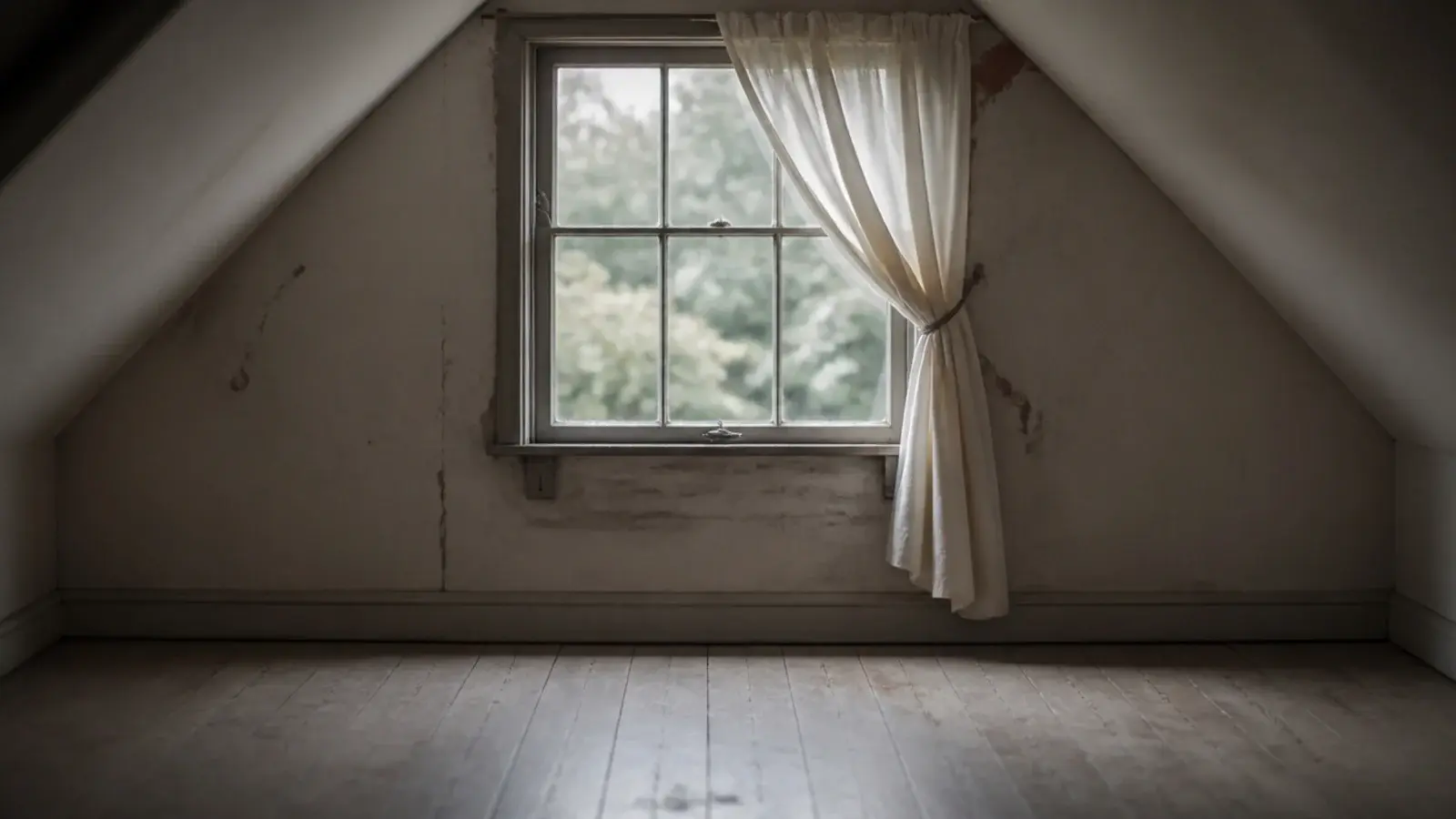 attic escape window dressed with a light curtain and clear floor