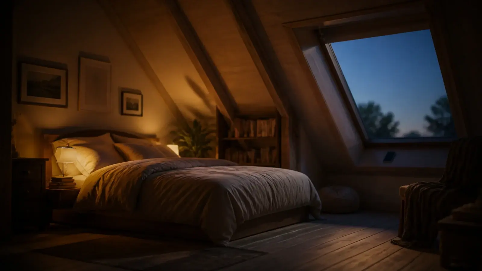 attic bedroom photographed at dusk with lamps on and daylight fading
