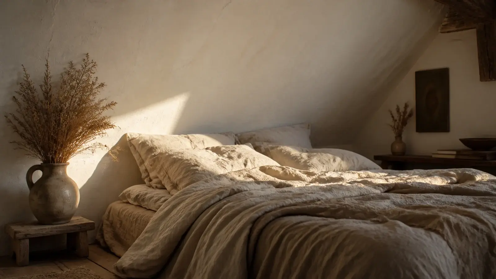 dreamy attic bedroom ideas aesthetic styling with linen bedding under soft plaster slopes