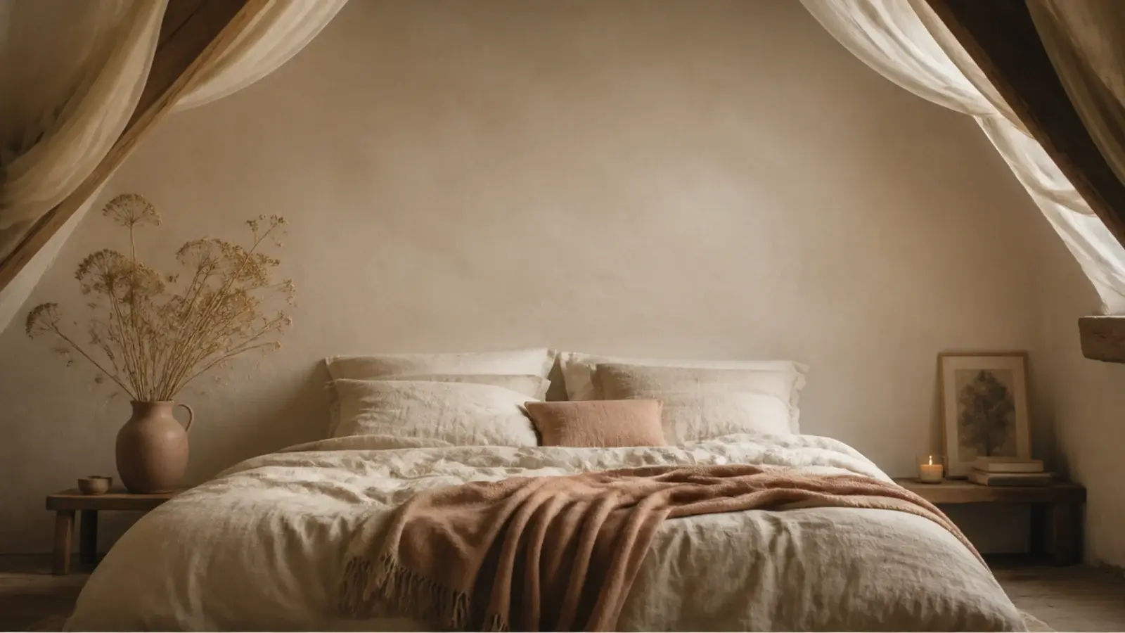 tall dreamy attic bedroom with linen bedding warm light and sloped plaster