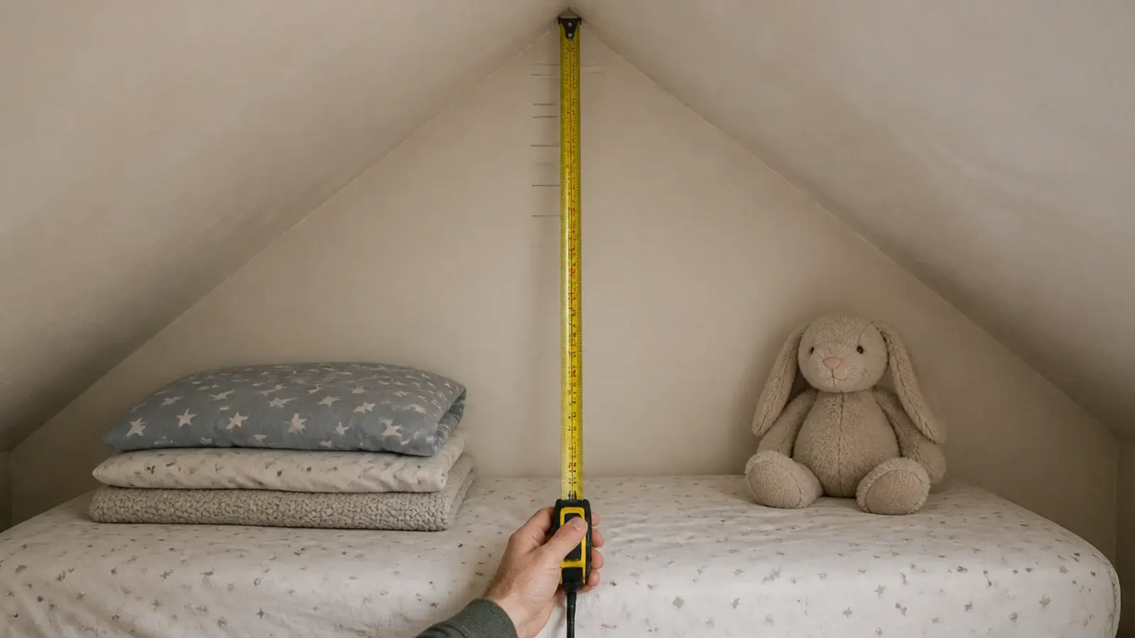 parent measuring ceiling height beside a child sized bed in a loft