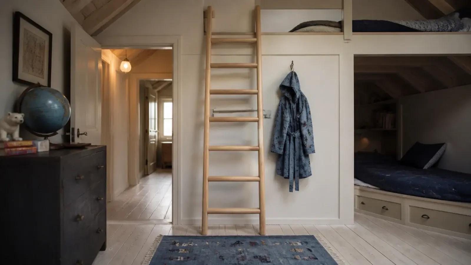 bunk ladder positioned where the attic ceiling is at its tallest