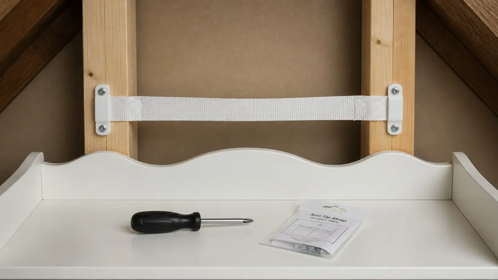 anti tip strap fixed between a childs bookcase and an attic wall