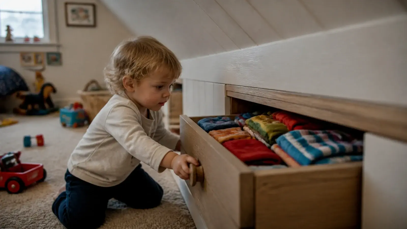 child reaching easily into a low knee wall drawer full of clothes