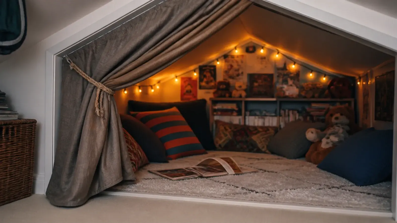 small play den built into the low eaves of a childs attic bedroom