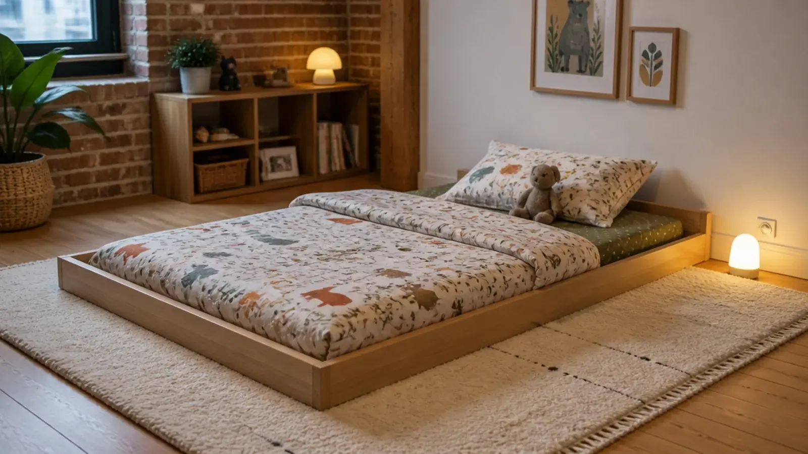 toddler floor bed sitting low on a soft rug in an attic room