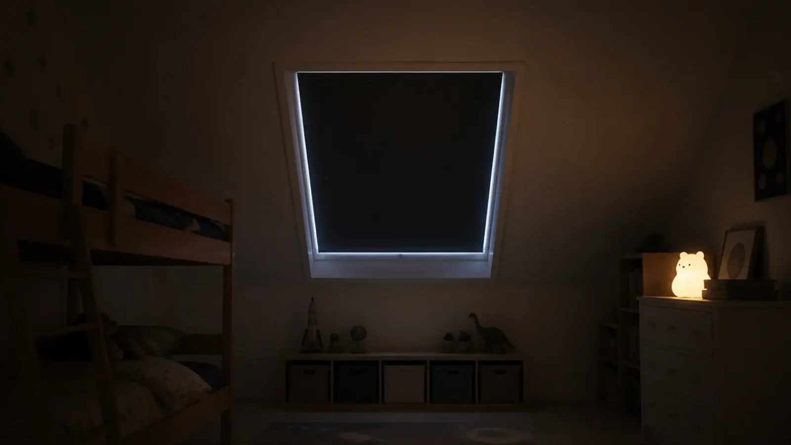 blackout blind pulled fully down over a childs attic roof window