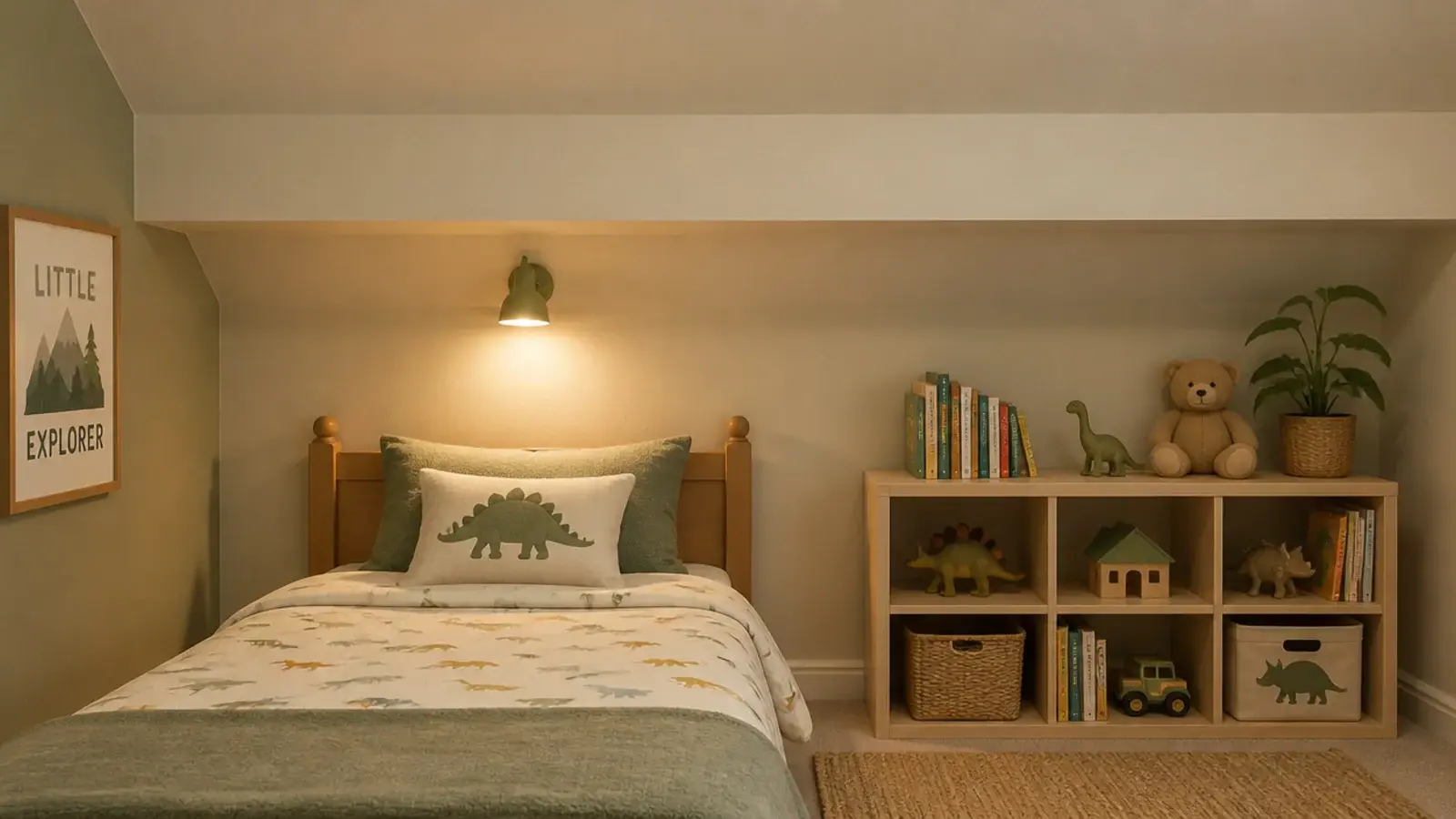exposed attic rafter boxed in and painted beside a childs bed