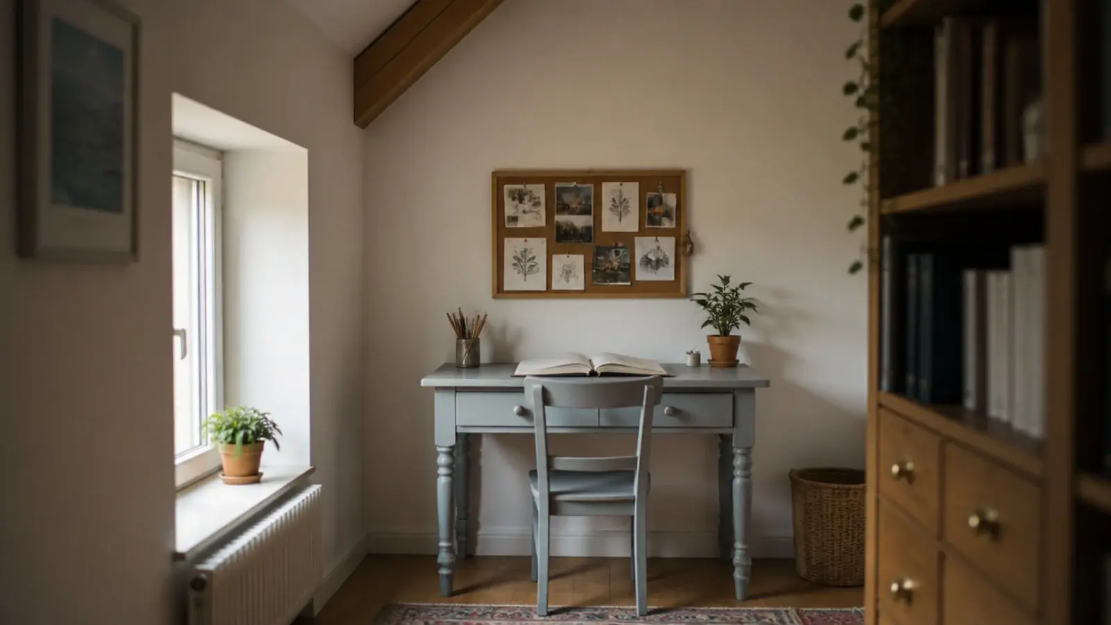 child sized desk placed under the highest part of an attic ceiling