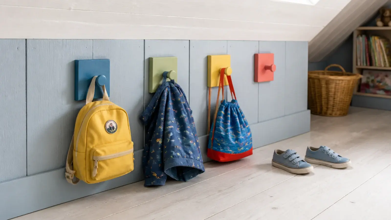 row of colourful hooks fixed low on an attic knee wall