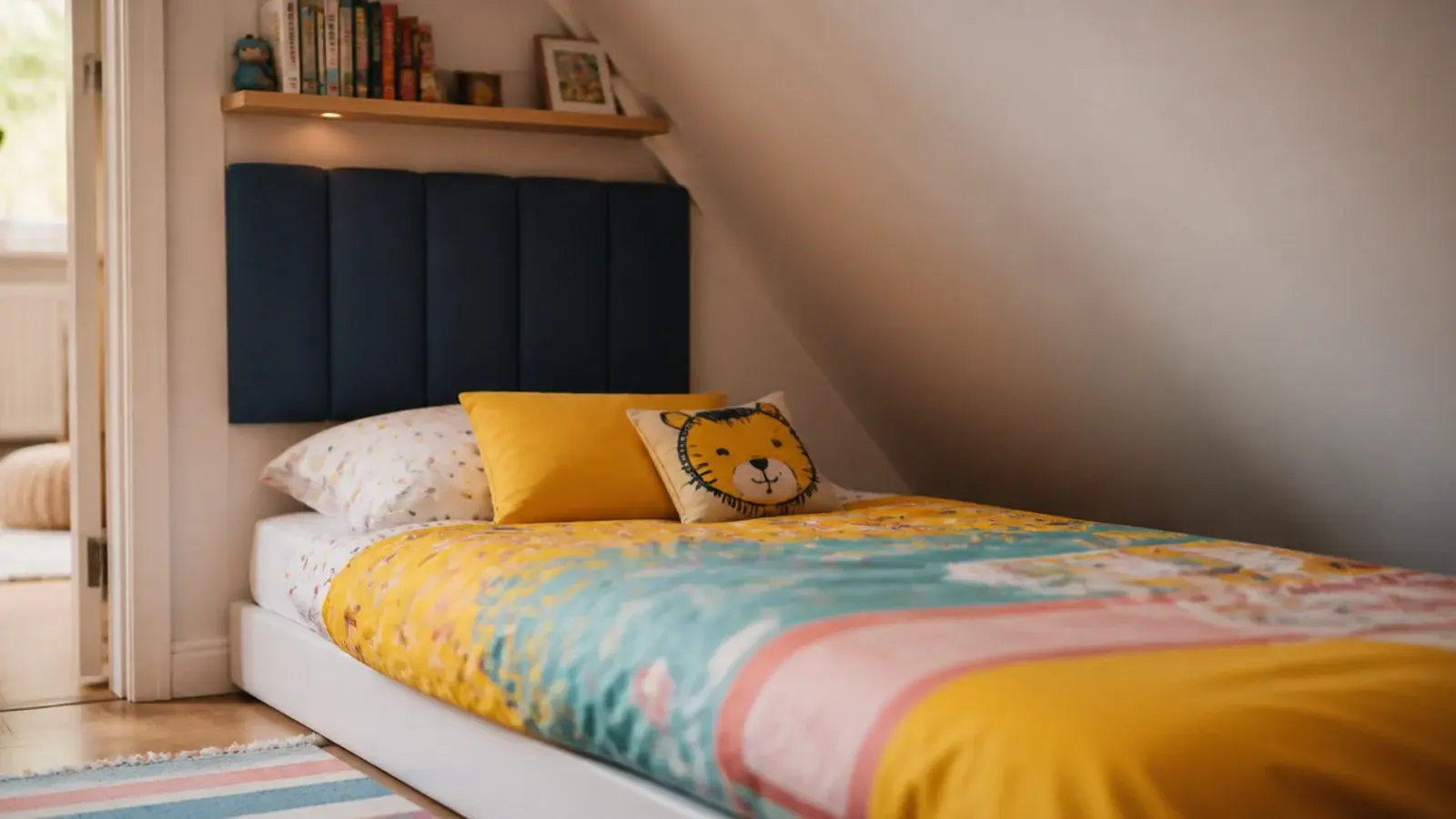 child bed with no headboard positioned under a sloping attic ceiling