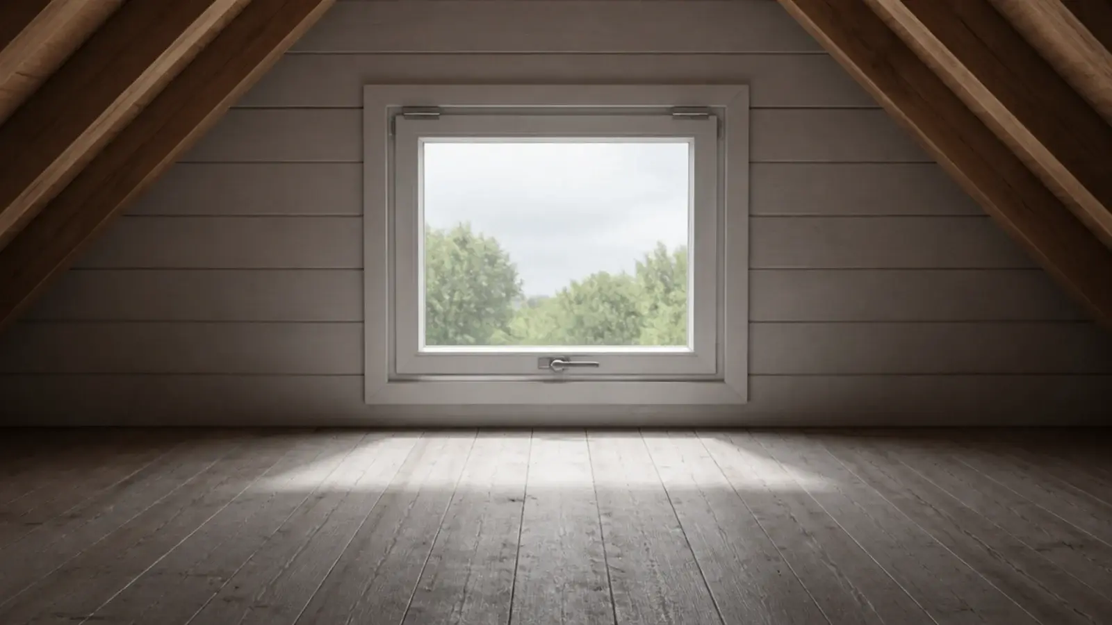clear escape window in a childs attic bedroom with nothing in front