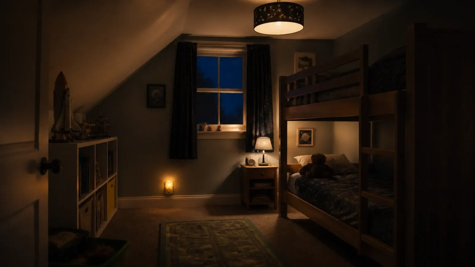 child attic bedroom with ceiling light bedside lamp and night light
