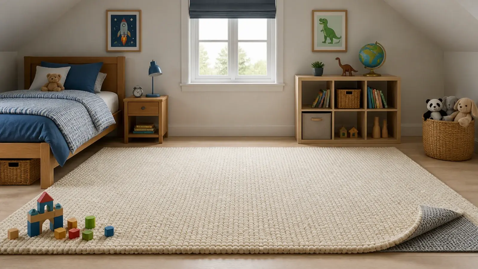 thick rug with grip underlay laid on smooth attic floorboards