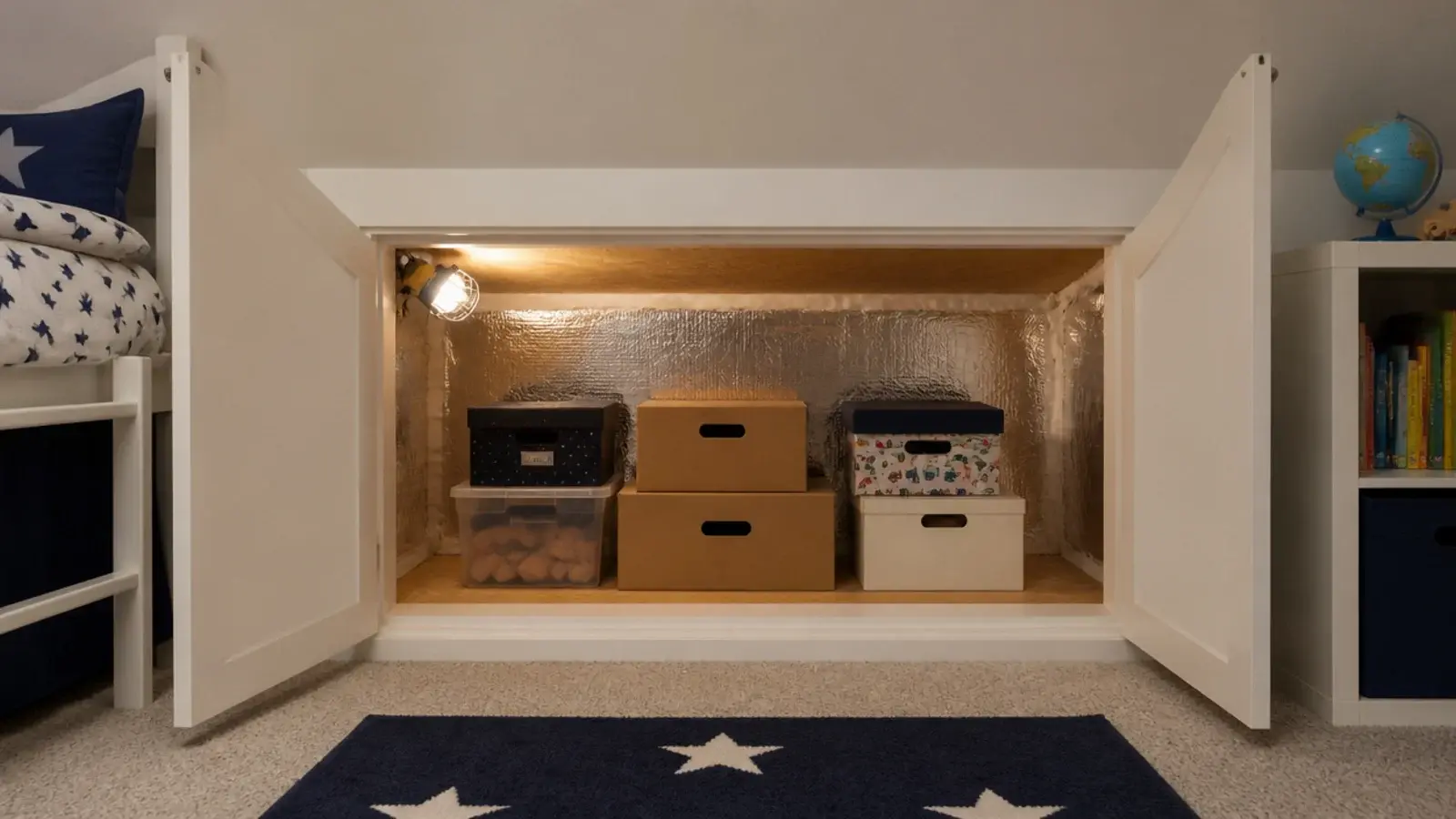 insulated knee wall void behind an open child bedroom storage door
