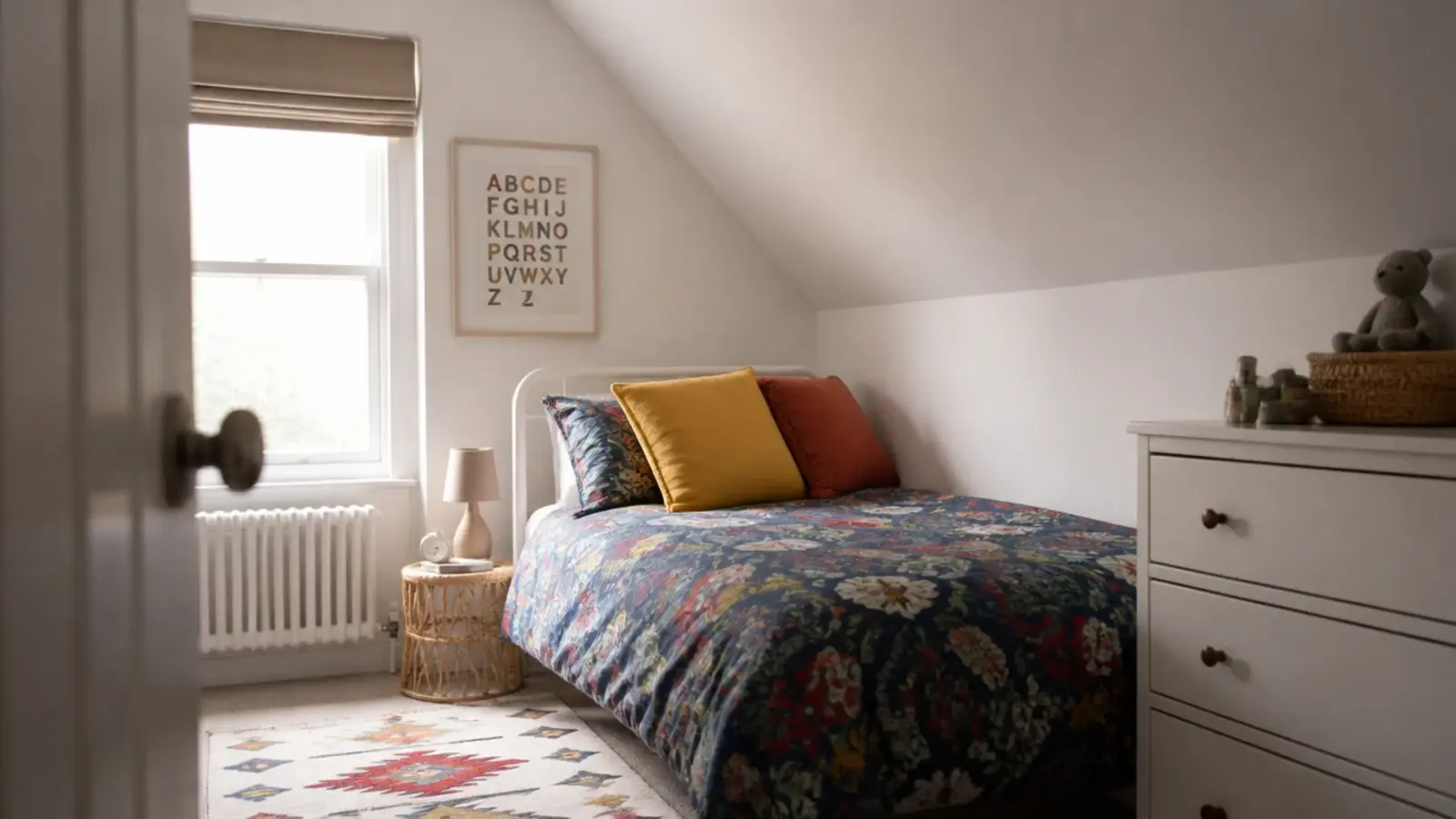neutral painted child attic bedroom with colour only in textiles