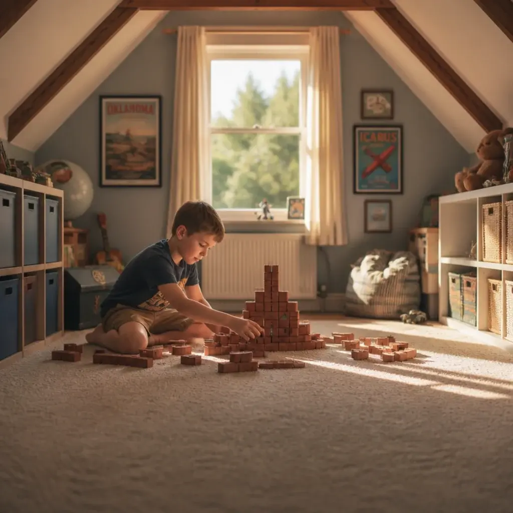 open square of clear floor in the centre of a childs attic room
