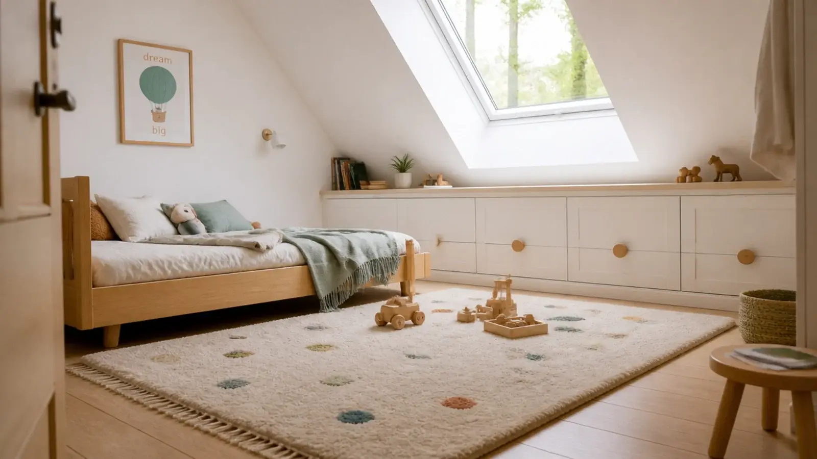 attic bedroom ideas for kids with a low bed bright storage and sloped ceilings