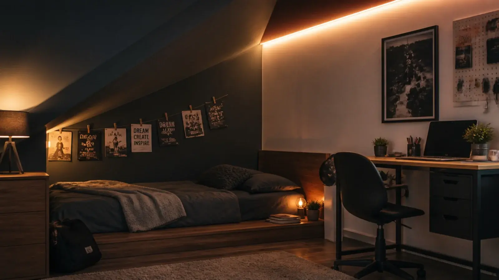 attic bedroom ideas for teens with a desk low bed and warm led lighting
