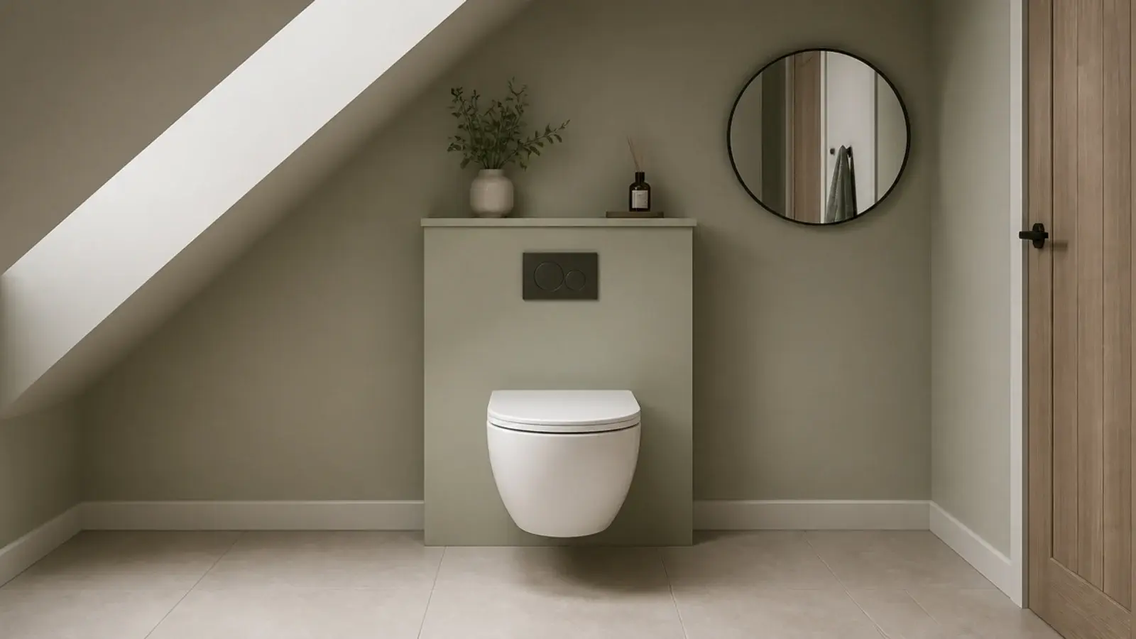wall hung toilet fitted under a loft ensuite slope with clear space ahead
