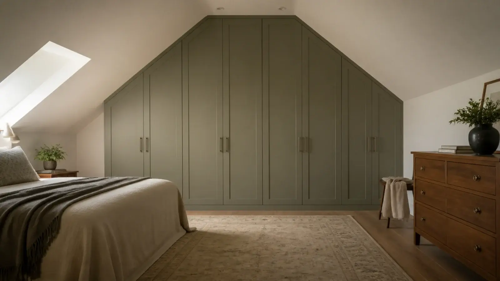 full height wardrobe run built against the flat gable wall of a loft