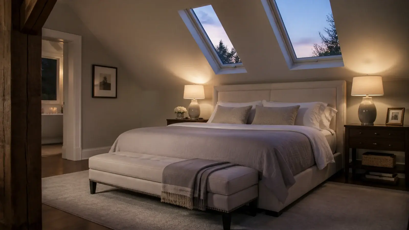 attic bedroom ideas master suite with a large bed under a wide painted slope