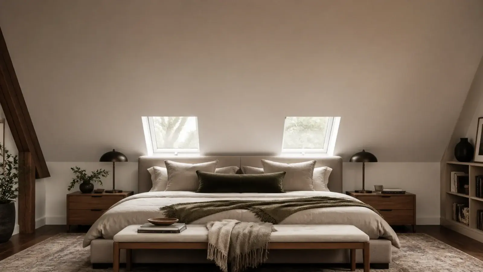 tall view of a loft master bedroom with a wide bed and roof windows
