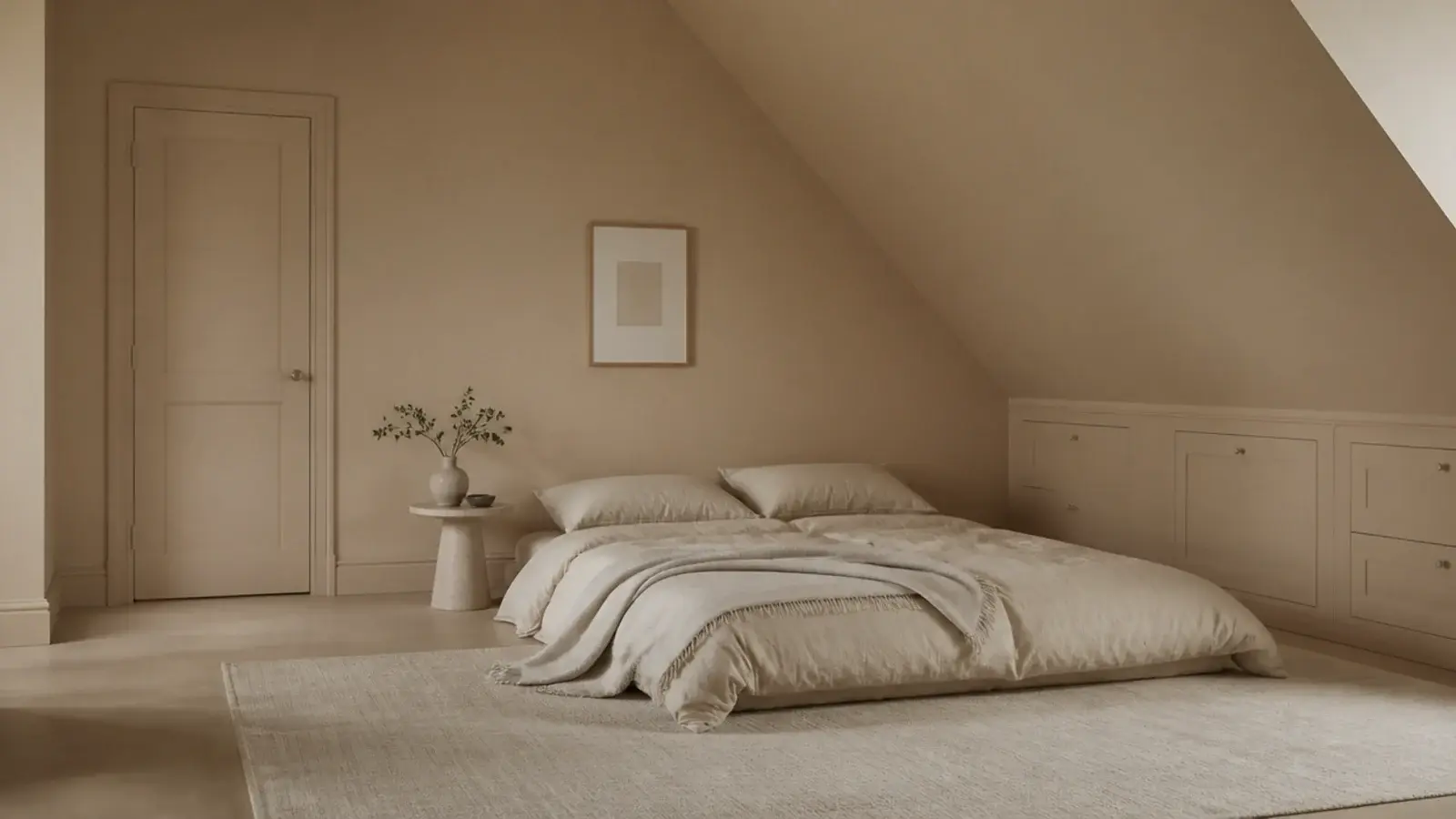 single colour carried over walls slope ceiling and joinery in a loft