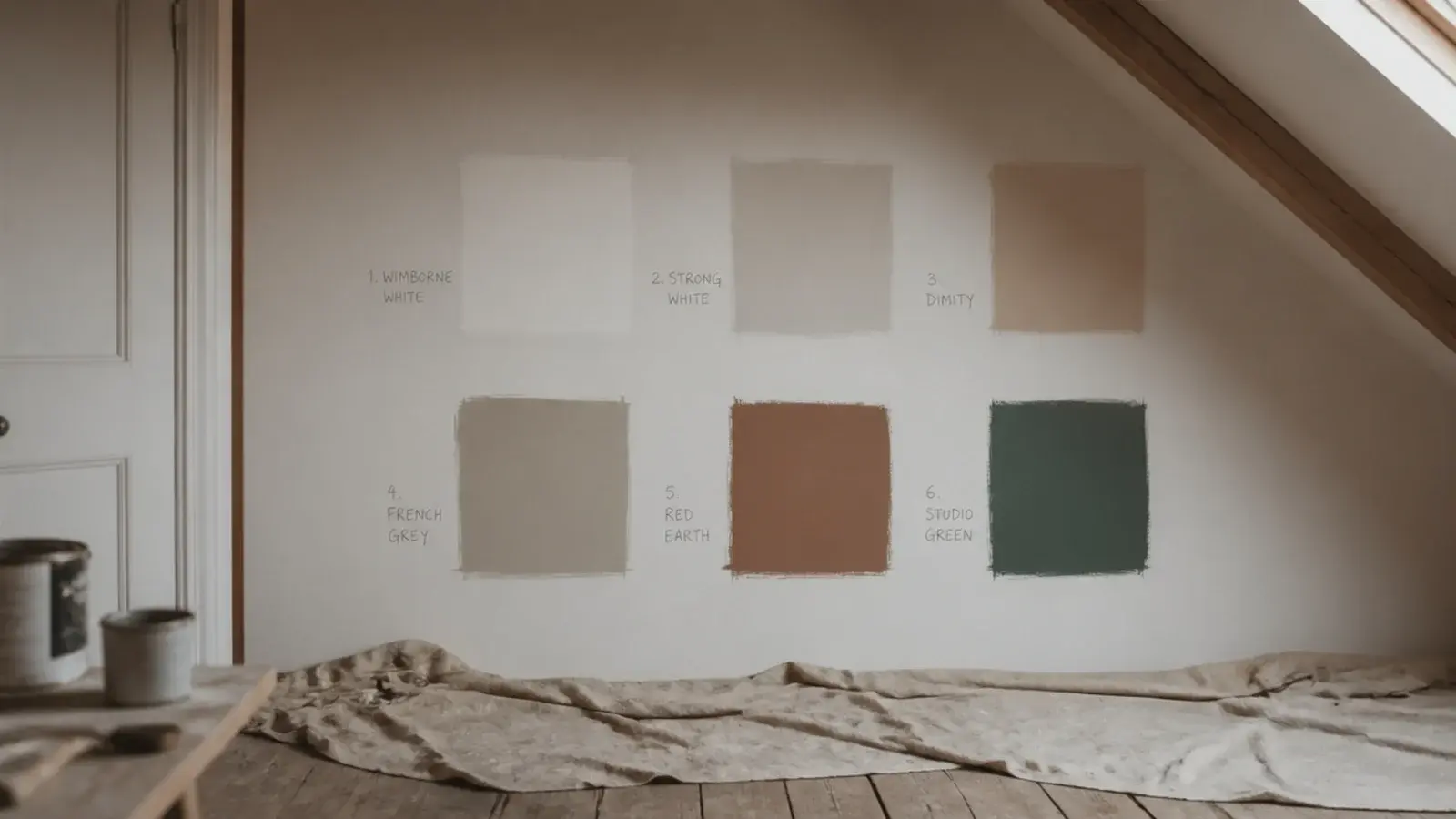 attic bedroom paint ideas tested as swatches across a sloping plastered ceiling