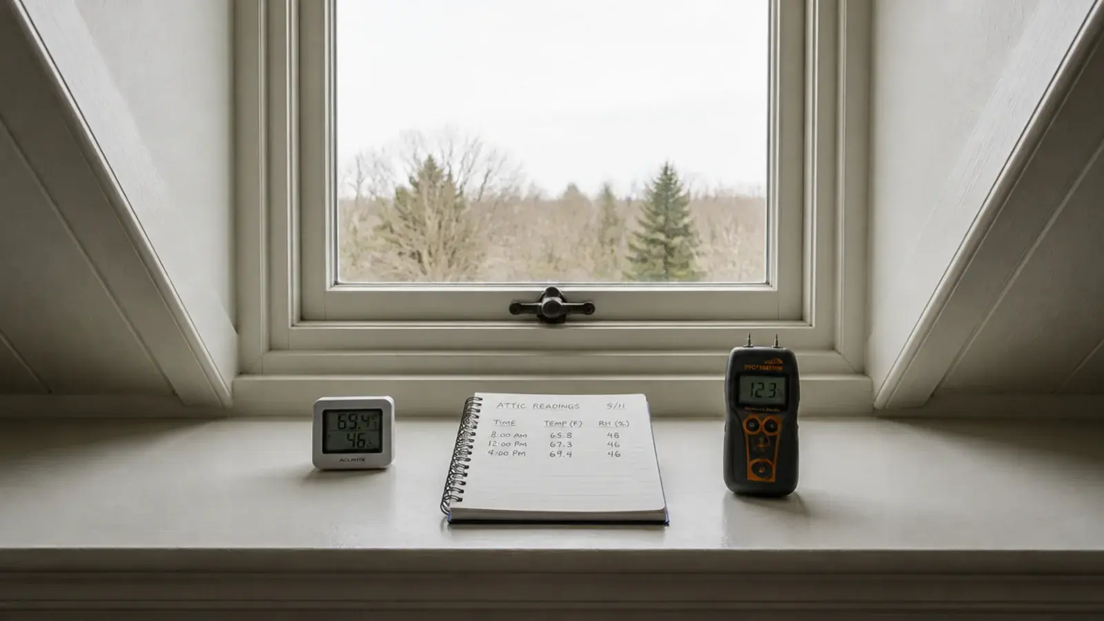 thermometer and moisture meter resting on an attic bedroom windowsill